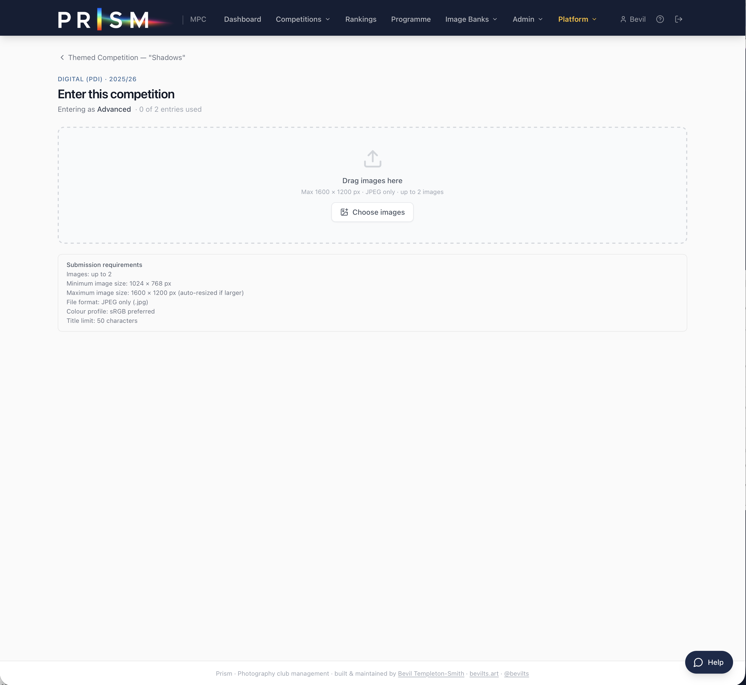 Entry submission form with drag and drop image upload