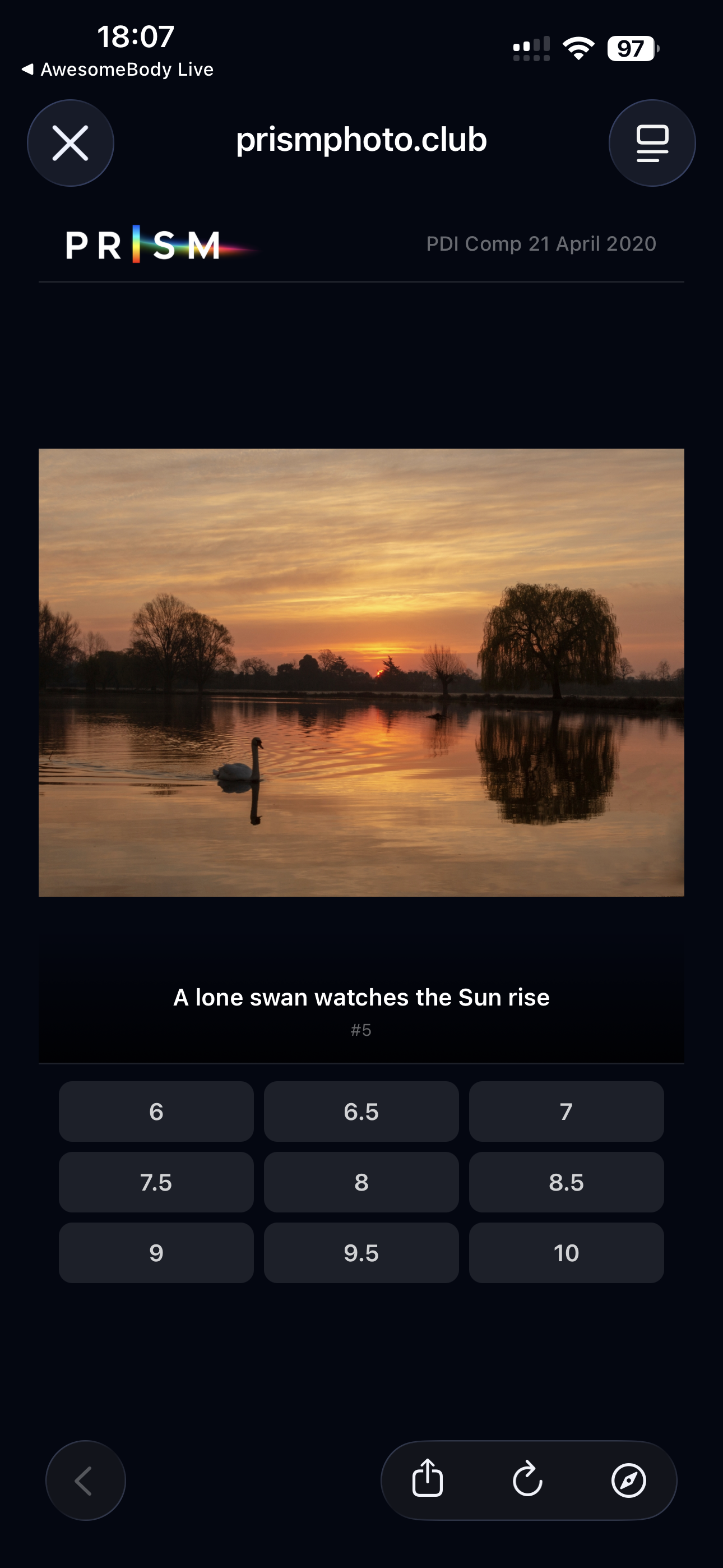 Member voting screen on mobile showing current image and score buttons